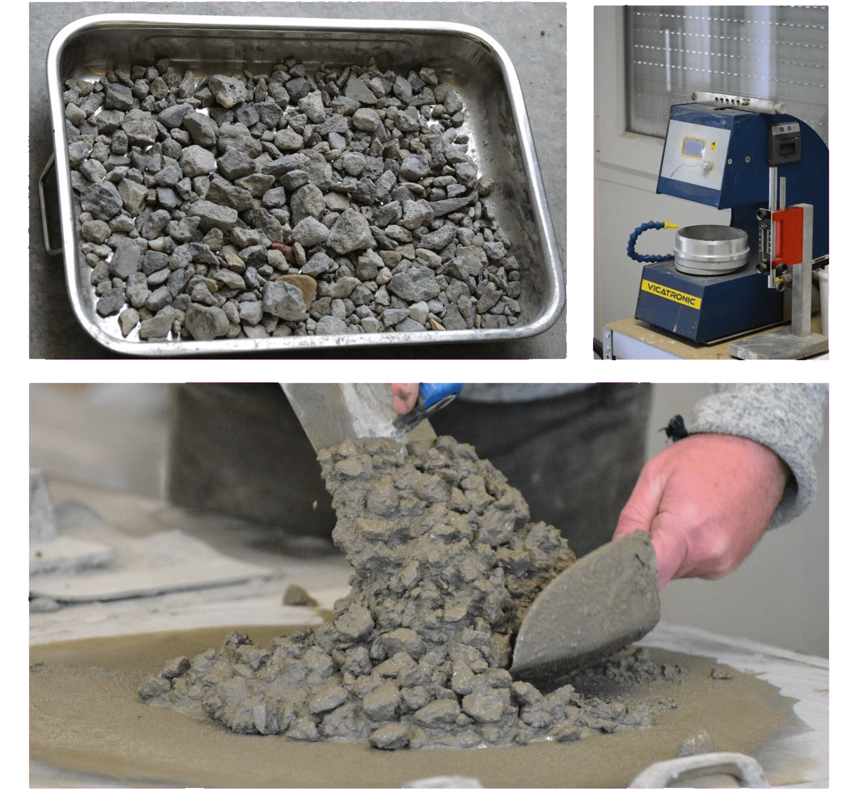 Das Bild ist in drei Abschnitte unterteilt:
                                Oben links steht ein Metalltablett mit grobem Kies oder gebrochenem Gestein. Oben rechts ist ein Prüfgerät (Vicatronic) zur Materialanalyse abgebildet. Unten wird frischer, grobkörniger Beton mit einer Kelle auf eine Arbeitsfläche gegeben. Eine Hand in grauem Ärmel hält die Kelle, während die Betonmischung auf dem Tisch verteilt wird. Das Bild zeigt typische Arbeitsschritte bei der Prüfung und Verarbeitung von Betonproben.